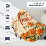 Orange Marigold Flower Garden Seamless Pattern Thoughtful Gift Idea  Personalised Custom Name Super Soft Fleece Blanket Bed Sofa Throw