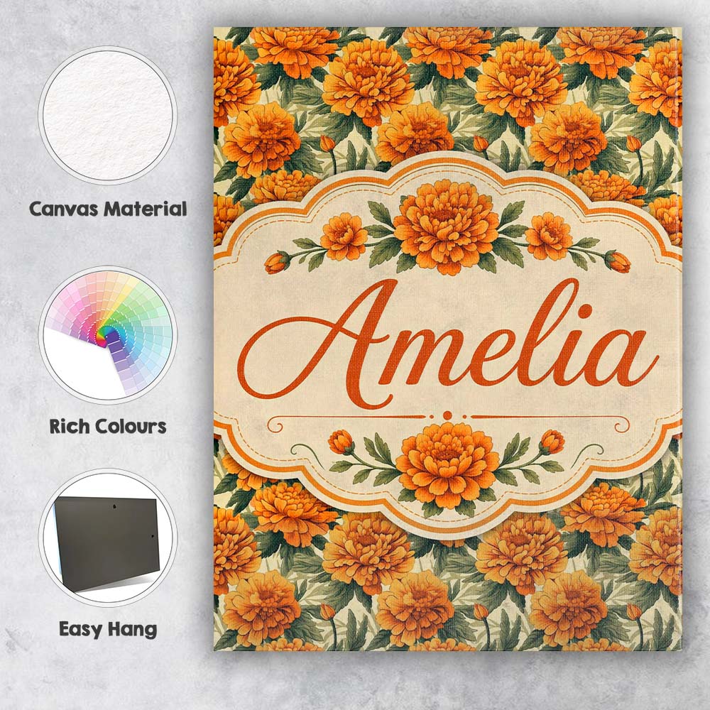 Personalised Name Orange Marigold Flower Custom  Unique Gift Idea Elegant Feature Canvas Wall Art Print Decor Picture Ready to Hang