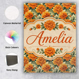 Personalised Name Orange Marigold Flower Custom  Unique Gift Idea Elegant Feature Canvas Wall Art Print Decor Picture Ready to Hang