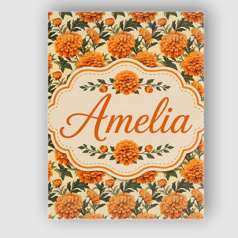 Personalised Name Orange Marigold Floral Custom  Unique Gift Idea Elegant Feature Canvas Wall Art Print Decor Picture Ready to Hang