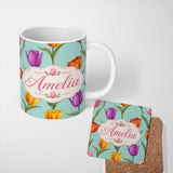 Personalized Custom Name Elegant Tulip Floral Seamless Pattern Teal Background Spring Flowers 11oz Ceramic Coffee Tea Mug White Large Handle