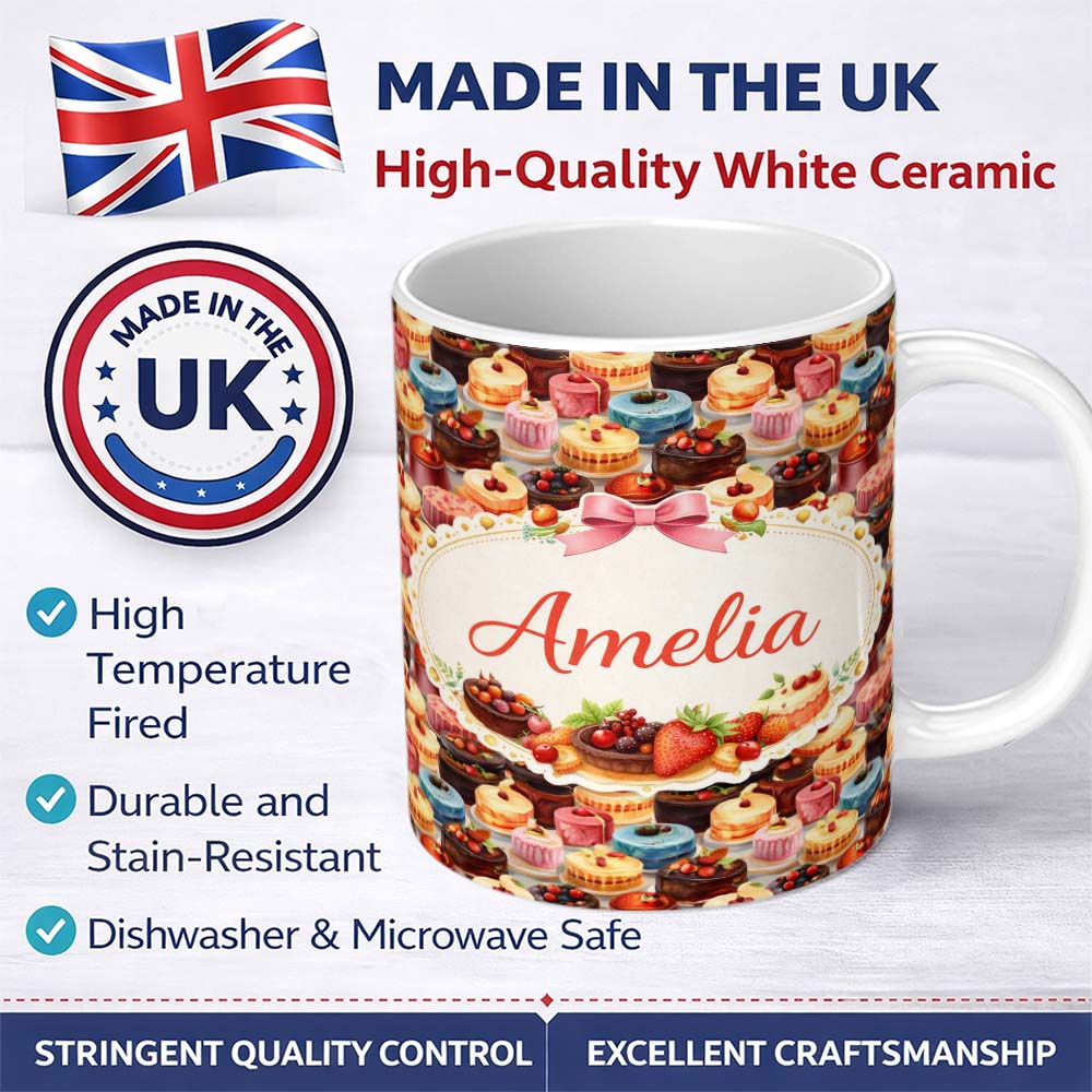 Personalized Custom Name Chocolate Strawberry Cake Seamless Pattern Realistic Dessert Sweet 11oz Ceramic Coffee Tea Mug White Large Handle