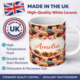 Personalized Custom Name Chocolate Strawberry Cake Seamless Pattern Realistic Dessert Sweet 11oz Ceramic Coffee Tea Mug White Large Handle