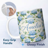 Personalized Custom Name Classic Blue Hydrangea Garden Floral Seamless Pattern Lovely 11oz Ceramic Coffee Tea Mug White Large Handle