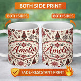Personalized Custom Name Vintage Red Black Snowflakes and Christmas Trees Seamless Pattern 11oz Ceramic Coffee Tea Mug White Large Handle