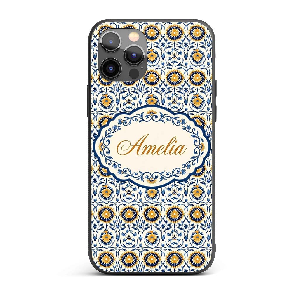 Blue and Yellow Folk Art Floral Tile Seamless Custom Name Protective Phone Case Mobile Cover Durable Everyday Smartphone Shock Resistant
