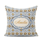 Custom Name Blue and Yellow Folk Art Floral Tile Seamless Lovely Square Filled Cushion Throw Pillow Sofa Bed Home Decor Zip Washable UK Made