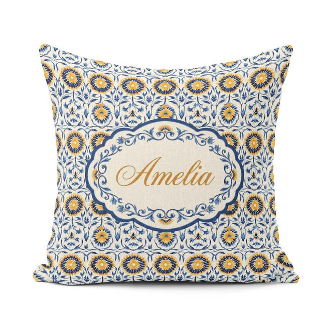 Custom Name Blue and Yellow Folk Art Floral Tile Seamless Lovely Square Filled Cushion Throw Pillow Sofa Bed Home Decor Zip Washable UK Made