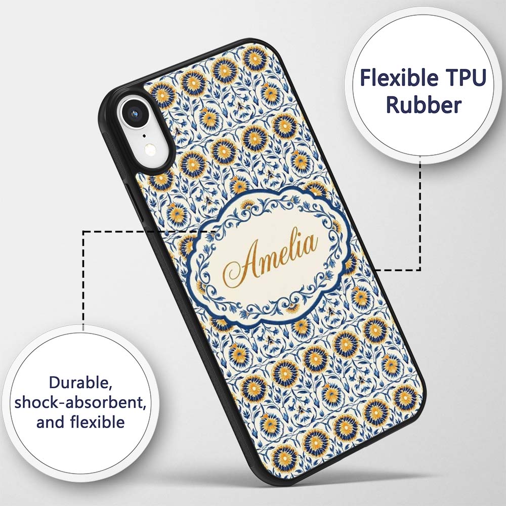 Blue and Yellow Folk Art Floral Tile Seamless Custom Name Protective Phone Case Mobile Cover Durable Everyday Smartphone Shock Resistant