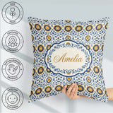 Custom Name Blue and Yellow Folk Art Floral Tile Seamless Lovely Square Filled Cushion Throw Pillow Sofa Bed Home Decor Zip Washable UK Made