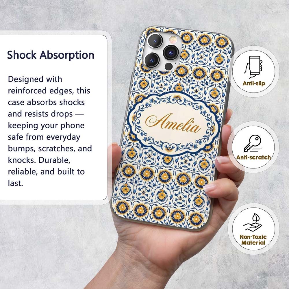 Blue and Yellow Folk Art Floral Tile Seamless Custom Name Protective Phone Case Mobile Cover Durable Everyday Smartphone Shock Resistant