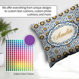 Custom Name Blue and Yellow Folk Art Floral Tile Seamless Lovely Square Filled Cushion Throw Pillow Sofa Bed Home Decor Zip Washable UK Made