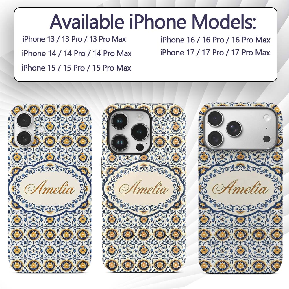Blue and Yellow Folk Art Floral Tile Seamless Custom Name Protective Phone Case Mobile Cover Durable Everyday Smartphone Shock Resistant