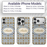 Blue and Yellow Folk Art Floral Tile Seamless Custom Name Protective Phone Case Mobile Cover Durable Everyday Smartphone Shock Resistant