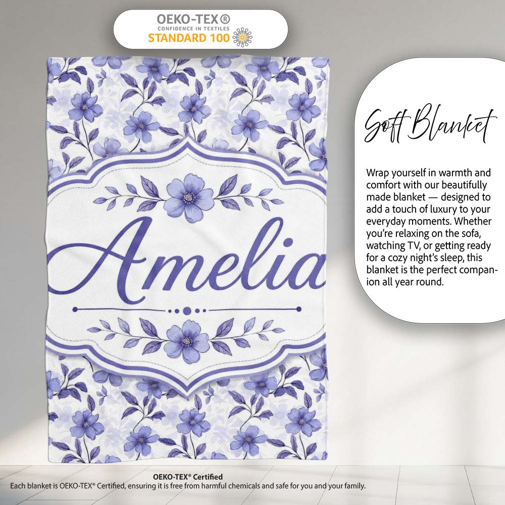 Soft Purple Wildflower Botanical Seamless Pattern Cute Unique Gift  Personalised Custom Name Super Soft Fleece Blanket Bed Sofa Throw