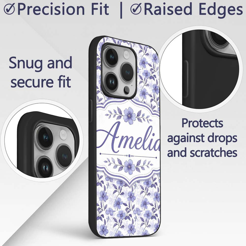 Soft Purple Wildflower Botanical Seamless Pattern Custom Name Protective Phone Case Mobile Cover Durable Everyday Smartphone Shock Resistant