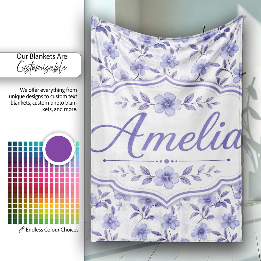 Soft Purple Wildflower Botanical Seamless Pattern Cute Unique Gift  Personalised Custom Name Super Soft Fleece Blanket Bed Sofa Throw