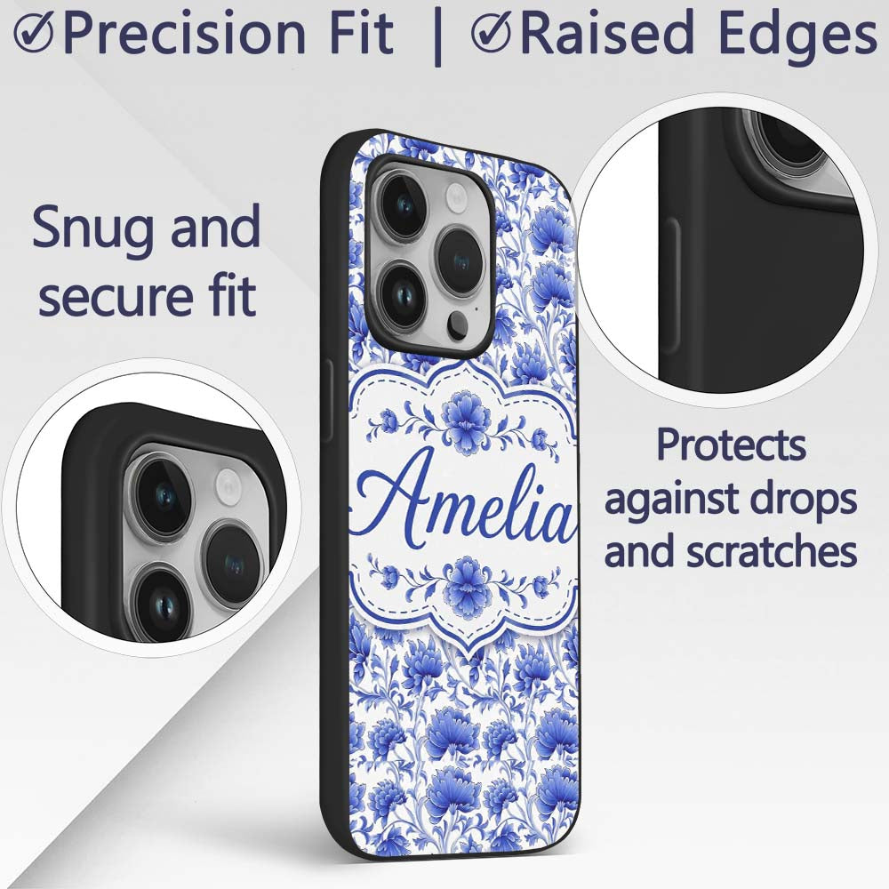 Elegant Blue Vintage Floral Vine Seamless Pattern Custom Name Protective Phone Case Mobile Cover Durable Everyday Smartphone Shock Resistant