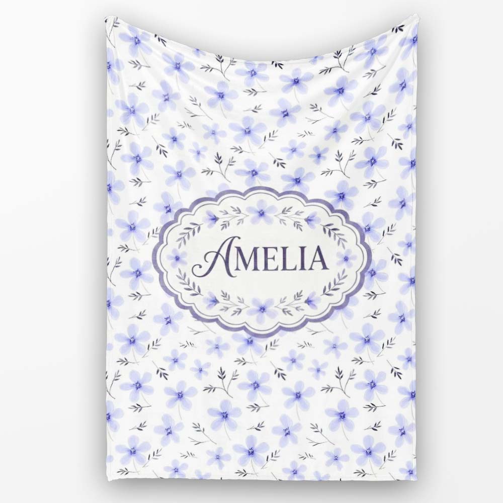 Delicate Light Blue Floral Ditsy Seamless Pattern Cute Unique Gift  Personalised Custom Name Super Soft Fleece Blanket Bed Sofa Throw