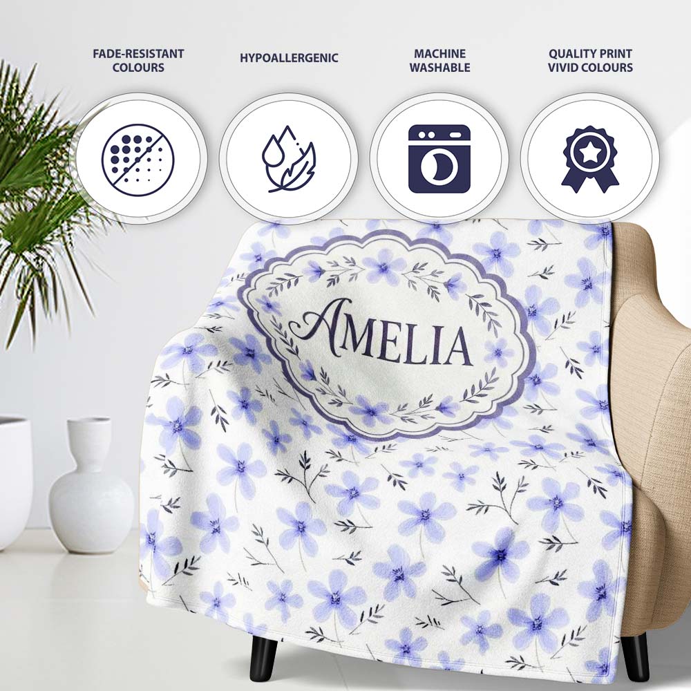 Delicate Light Blue Floral Ditsy Seamless Pattern Cute Unique Gift  Personalised Custom Name Super Soft Fleece Blanket Bed Sofa Throw