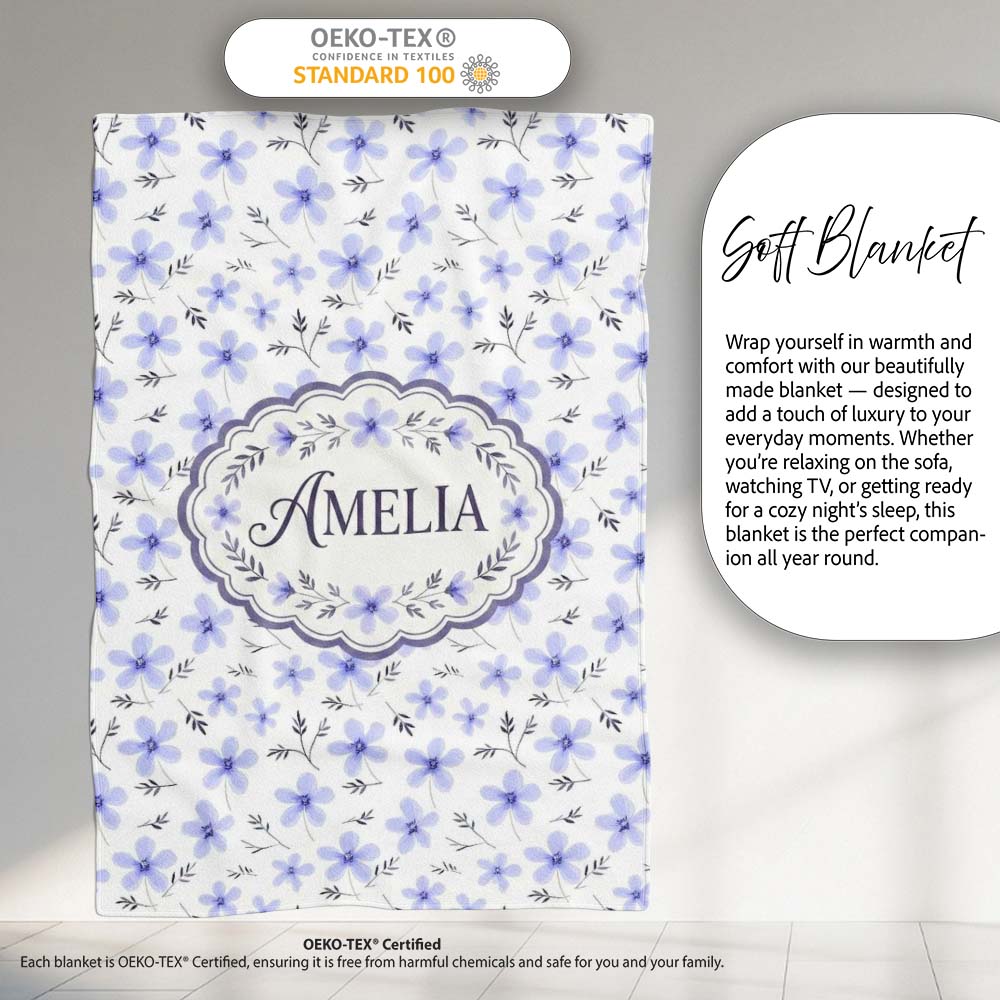 Delicate Light Blue Floral Ditsy Seamless Pattern Cute Unique Gift  Personalised Custom Name Super Soft Fleece Blanket Bed Sofa Throw