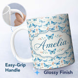 Personalized Custom Name Blue Butterfly Watercolor Floral Delicate Seamless Pattern Lovely 11oz Ceramic Coffee Tea Mug White Large Handle