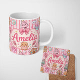Personalized Custom Name Cute Christmas Gingerbread Candy House Gifts Pattern Pink Stripe 11oz Ceramic Coffee Tea Mug White Large Handle