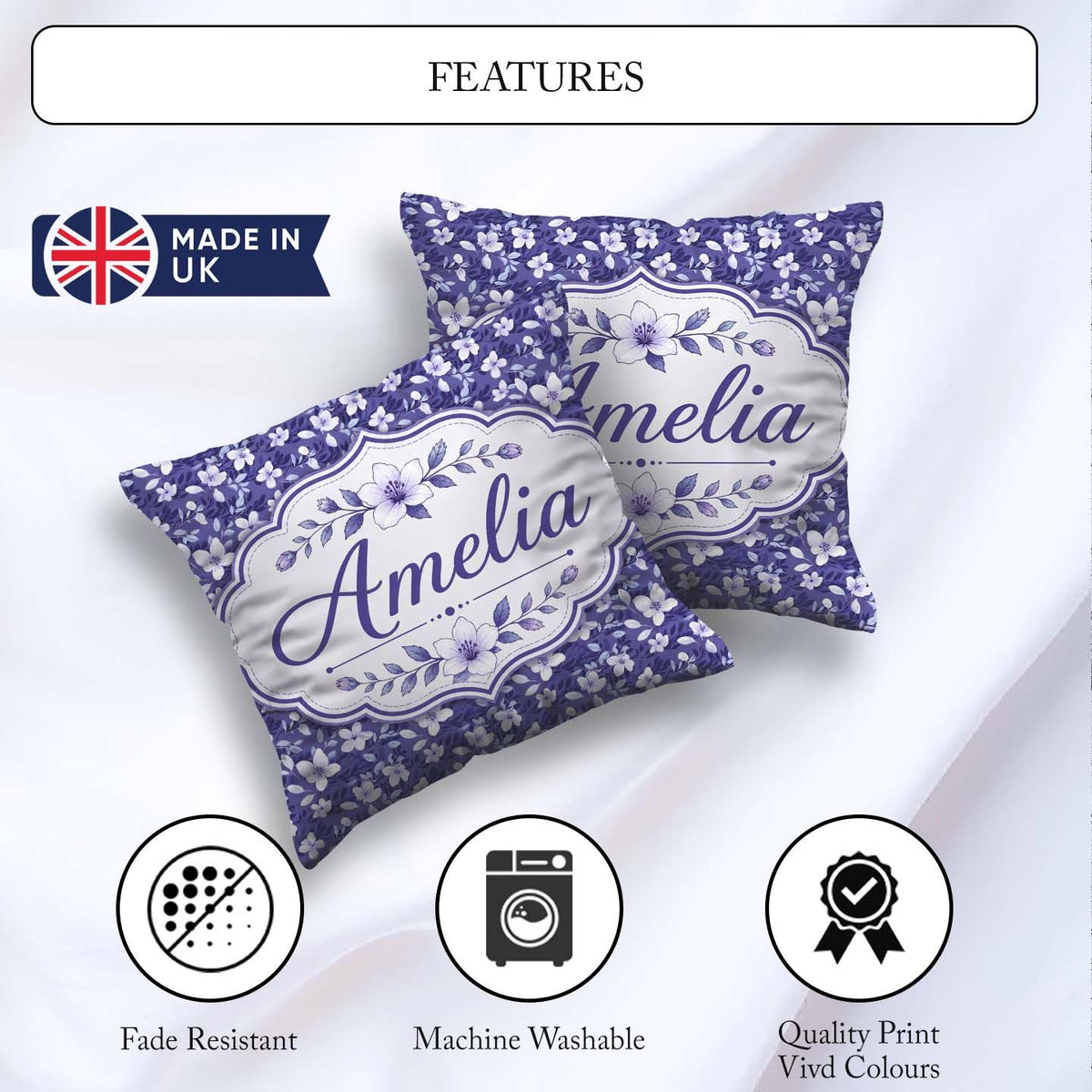 Custom Name Purple Blossom Floral Garden Seamless Pattern Idea Square Filled Cushion Throw Pillow Sofa Bed Home Decor Zip Washable UK Made
