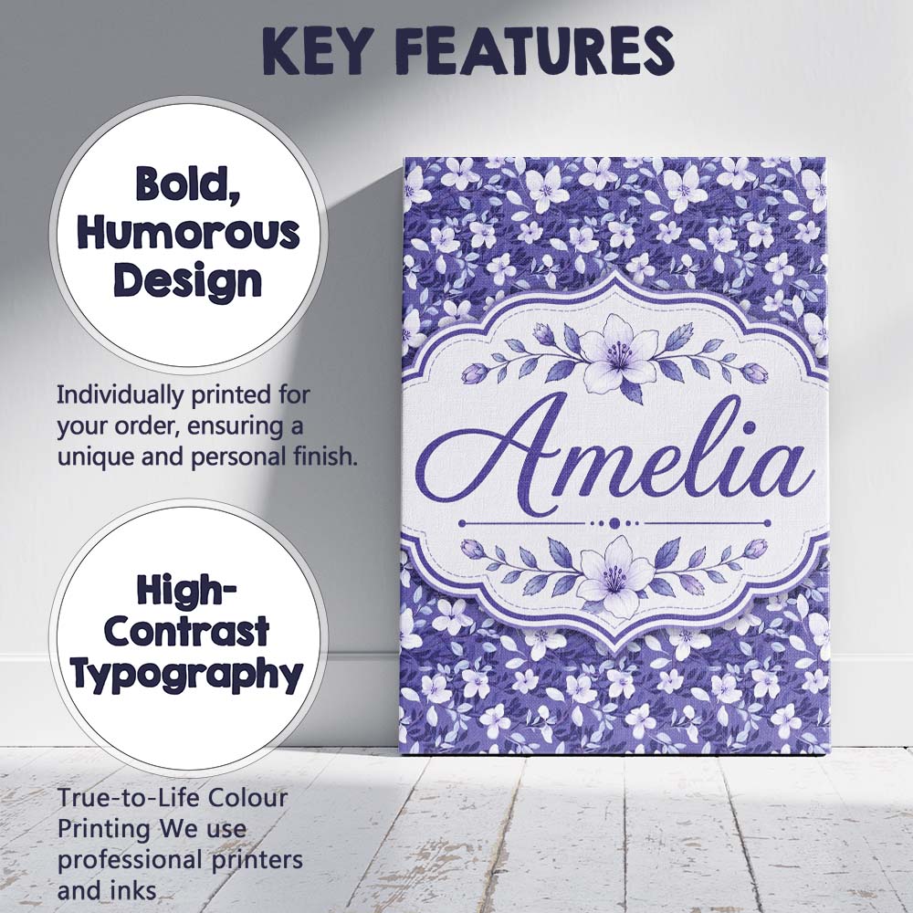Personalised Name Purple Blossom Floral Custom  Modern Room Accent Elegant Feature Canvas Wall Art Print Decor Picture Ready to Hang