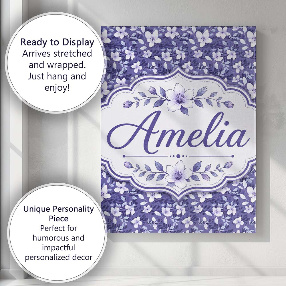 Personalised Name Purple Blossom Floral Custom  Modern Room Accent Elegant Feature Canvas Wall Art Print Decor Picture Ready to Hang