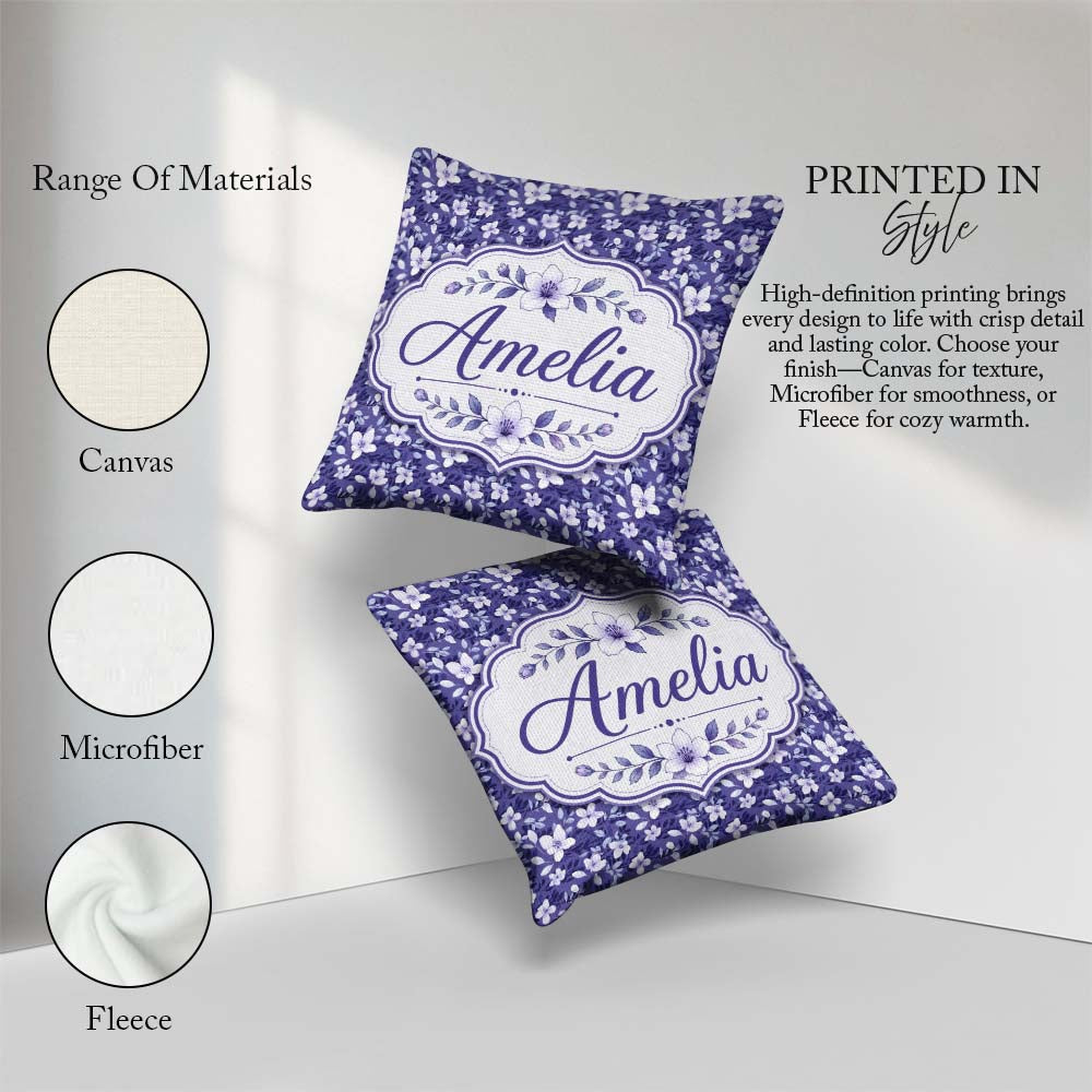 Custom Name Purple Blossom Floral Garden Seamless Pattern Idea Square Filled Cushion Throw Pillow Sofa Bed Home Decor Zip Washable UK Made