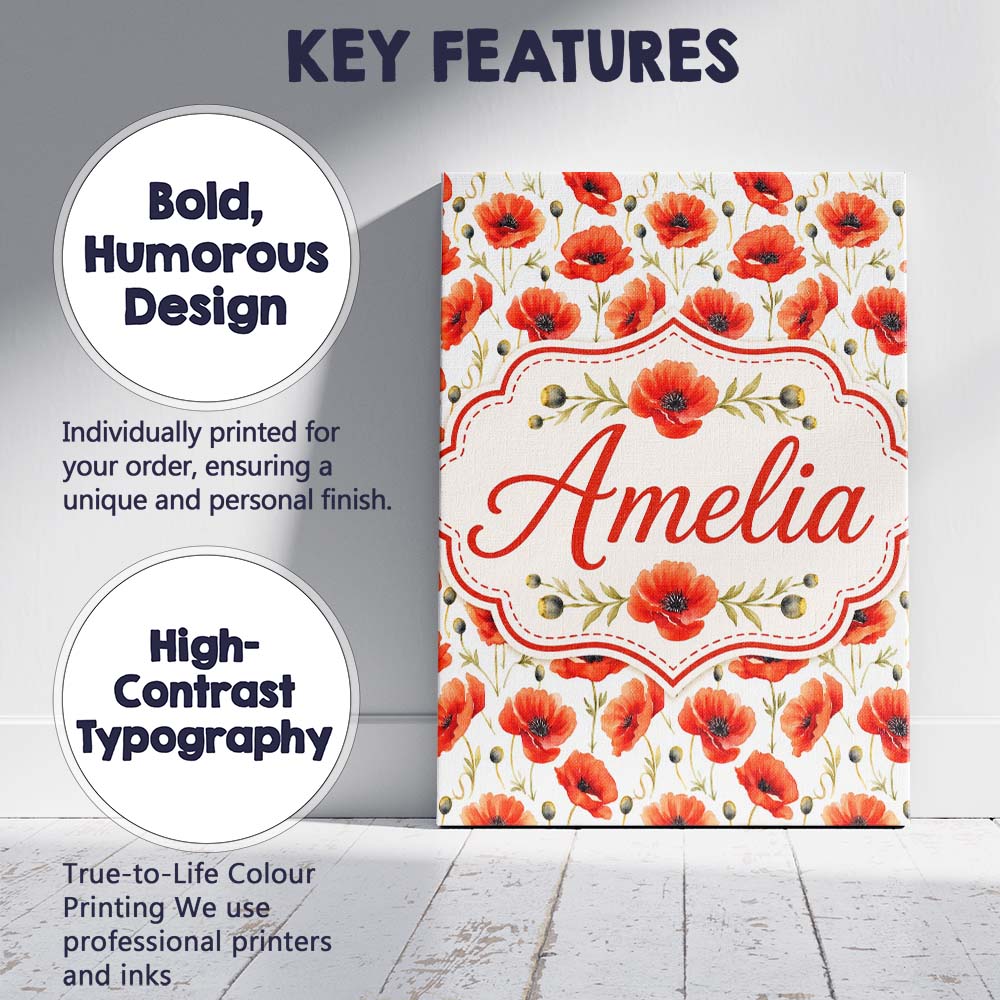 Personalised Name Red Poppy Flower Watercolor Custom Unique Gift Idea Modern Room Accent Canvas Wall Art Print Decor Picture Ready to Hang