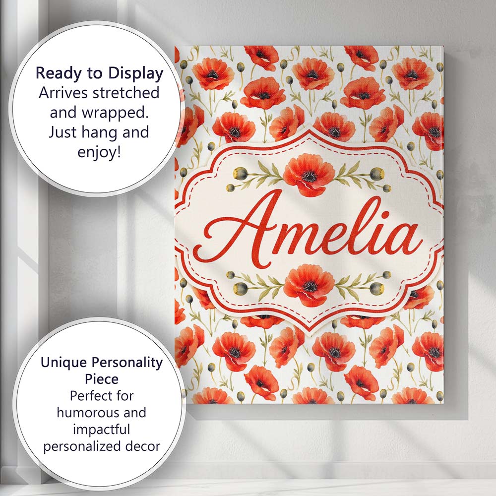 Personalised Name Red Poppy Flower Watercolor Custom Unique Gift Idea Modern Room Accent Canvas Wall Art Print Decor Picture Ready to Hang