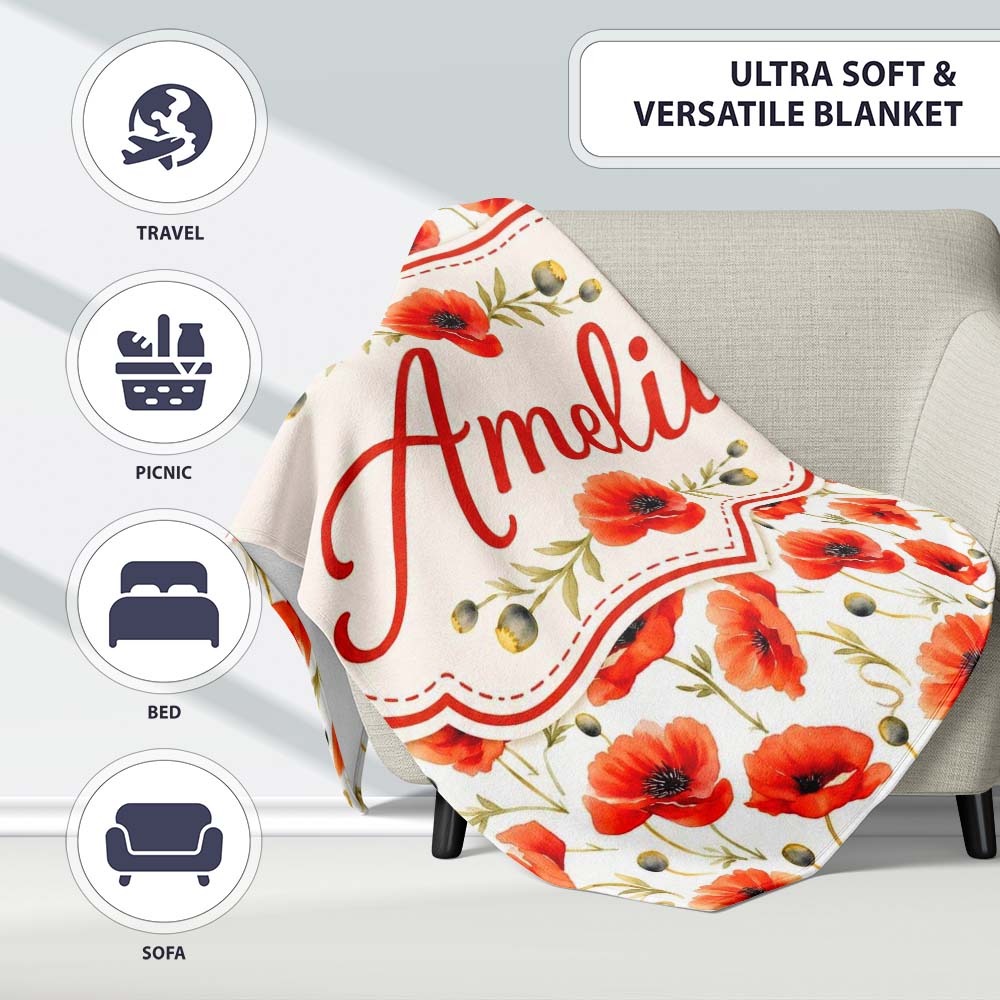 Red Poppy Flower Watercolor Seamless Pattern Charming  Decor  Personalised Custom Name Super Soft Fleece Blanket Bed Sofa Throw