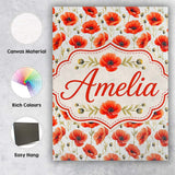 Personalised Name Red Poppy Flower Watercolor Custom Unique Gift Idea Modern Room Accent Canvas Wall Art Print Decor Picture Ready to Hang