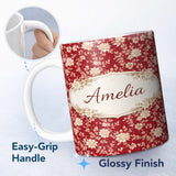 Personalized Custom Name Classic Red and Cream Floral Seamless Pattern Stylish Everyday Mug 11oz Ceramic Coffee Tea Mug White Large Handle