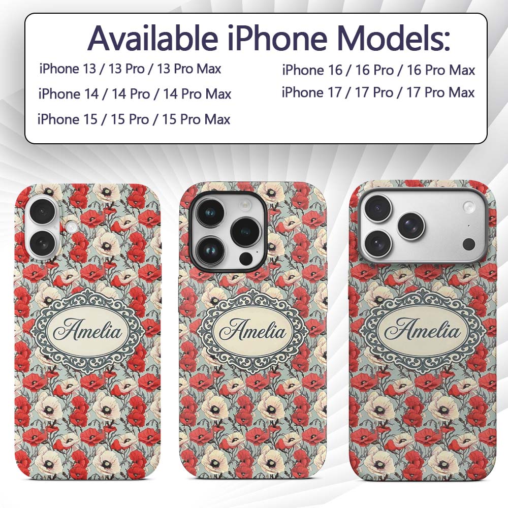 Red and White Poppy Botanical Vintage Seamless Custom Name Protective Phone Case Mobile Cover Durable Everyday Smartphone Shock Resistant
