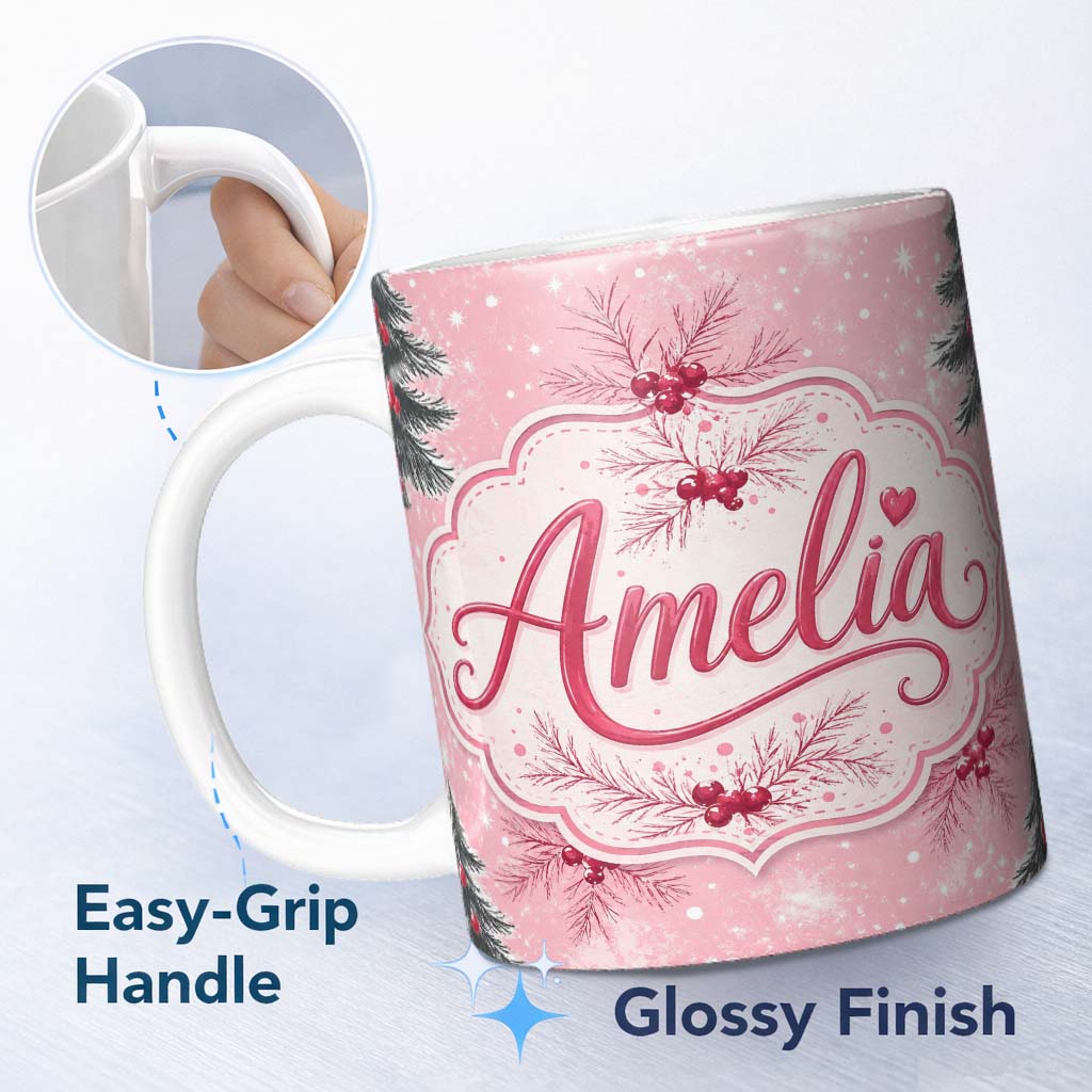 Personalized Custom Name Winter Pine Branch Red Berry Snowy Pink Seamless Pattern Lovely 11oz Ceramic Coffee Tea Mug White Large Handle