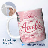 Personalized Custom Name Winter Pine Branch Red Berry Snowy Pink Seamless Pattern Lovely 11oz Ceramic Coffee Tea Mug White Large Handle