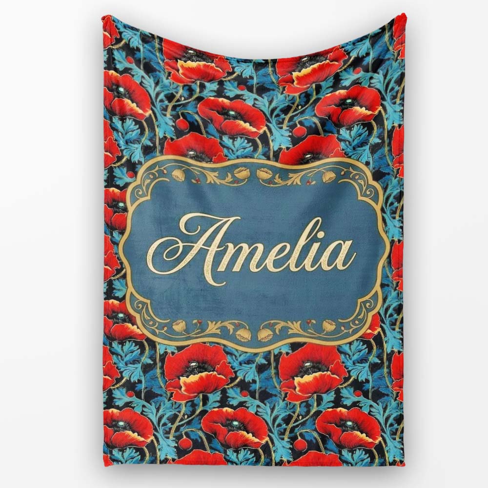 Vintage Red Poppy Floral on Dark Background Seamless Pattern Lovely  Personalised Custom Name Super Soft Fleece Blanket Bed Sofa Throw
