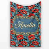 Vintage Red Poppy Floral on Dark Background Seamless Pattern Lovely  Personalised Custom Name Super Soft Fleece Blanket Bed Sofa Throw