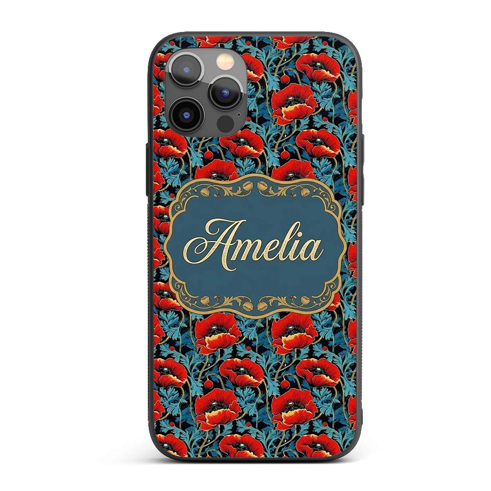 Vintage Red Poppy Floral on Dark Printed Design Custom Name Protective Phone Case Mobile Cover Durable Everyday Smartphone Shock Resistant