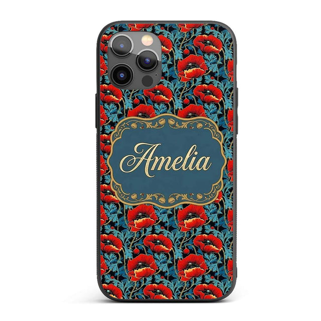 Vintage Red Poppy Floral on Dark Printed Design Custom Name Protective Phone Case Mobile Cover Durable Everyday Smartphone Shock Resistant