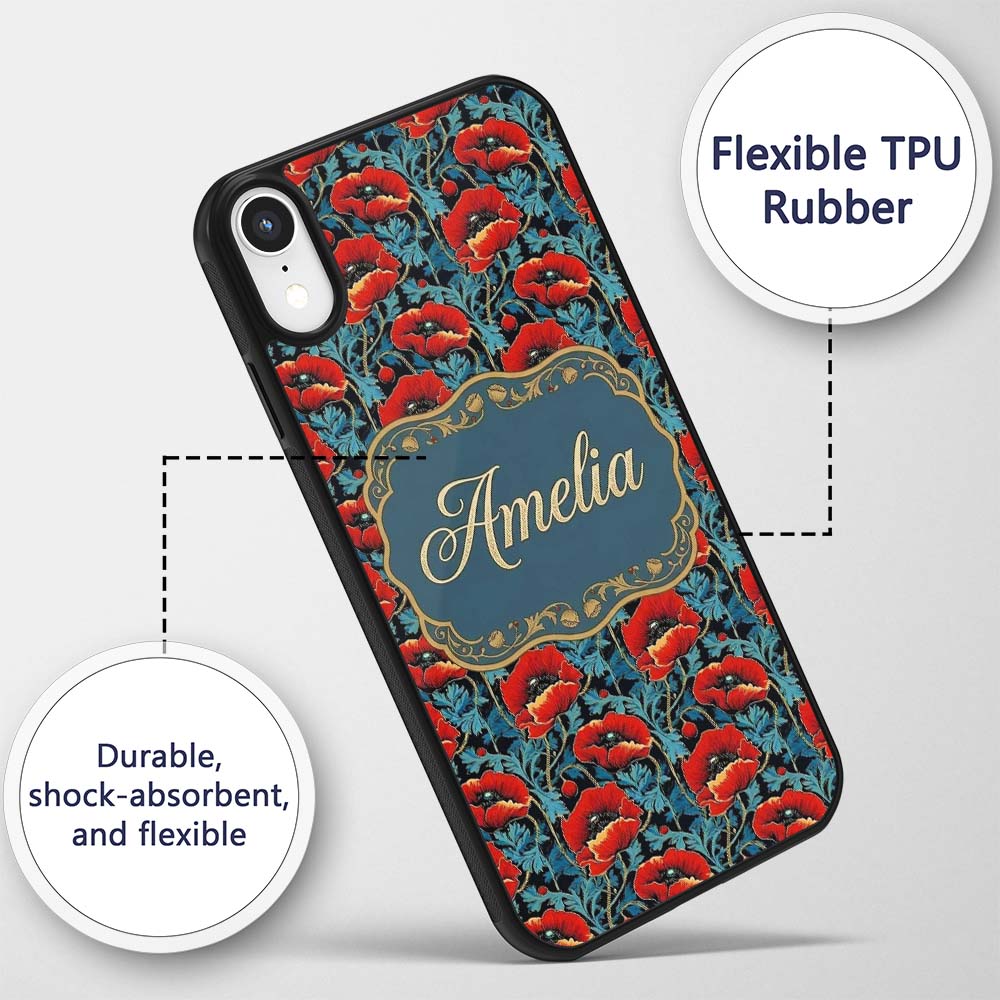 Vintage Red Poppy Floral on Dark Printed Design Custom Name Protective Phone Case Mobile Cover Durable Everyday Smartphone Shock Resistant