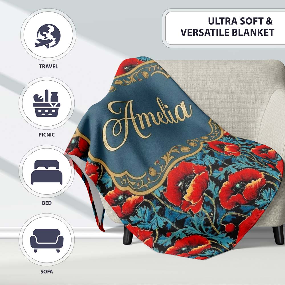 Vintage Red Poppy Floral on Dark Background Seamless Pattern Lovely  Personalised Custom Name Super Soft Fleece Blanket Bed Sofa Throw