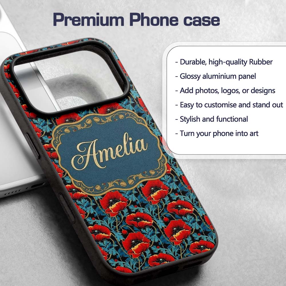 Vintage Red Poppy Floral on Dark Printed Design Custom Name Protective Phone Case Mobile Cover Durable Everyday Smartphone Shock Resistant