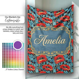 Vintage Red Poppy Floral on Dark Background Seamless Pattern Lovely  Personalised Custom Name Super Soft Fleece Blanket Bed Sofa Throw