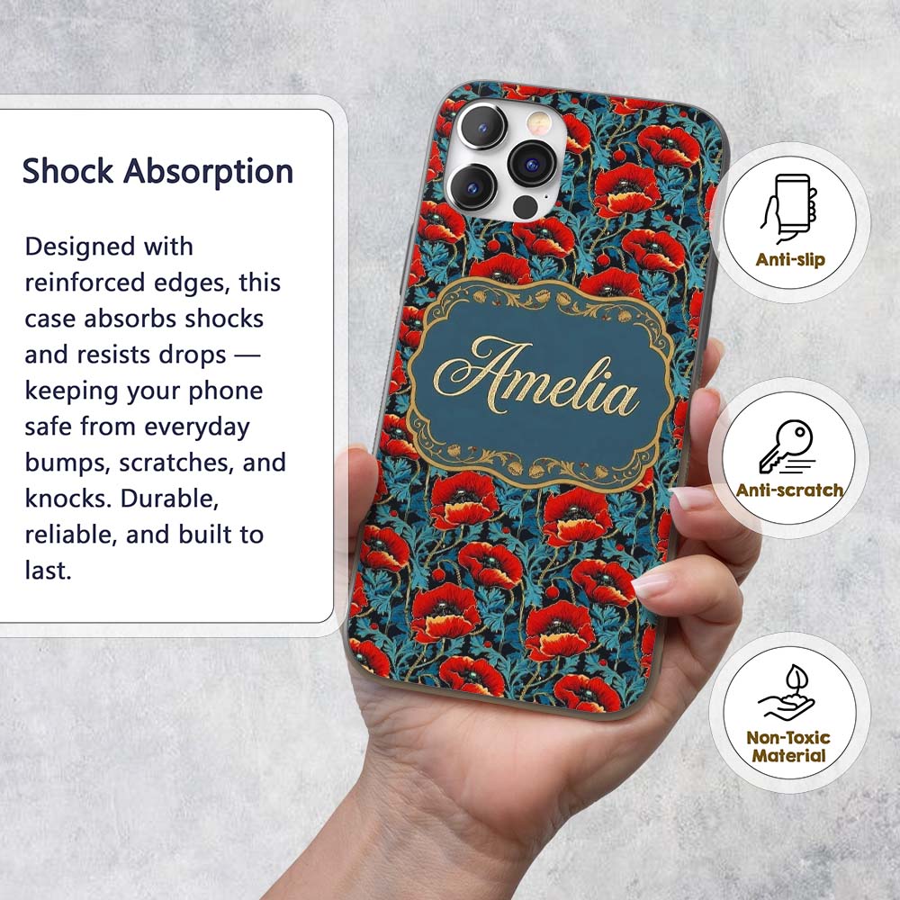 Vintage Red Poppy Floral on Dark Printed Design Custom Name Protective Phone Case Mobile Cover Durable Everyday Smartphone Shock Resistant