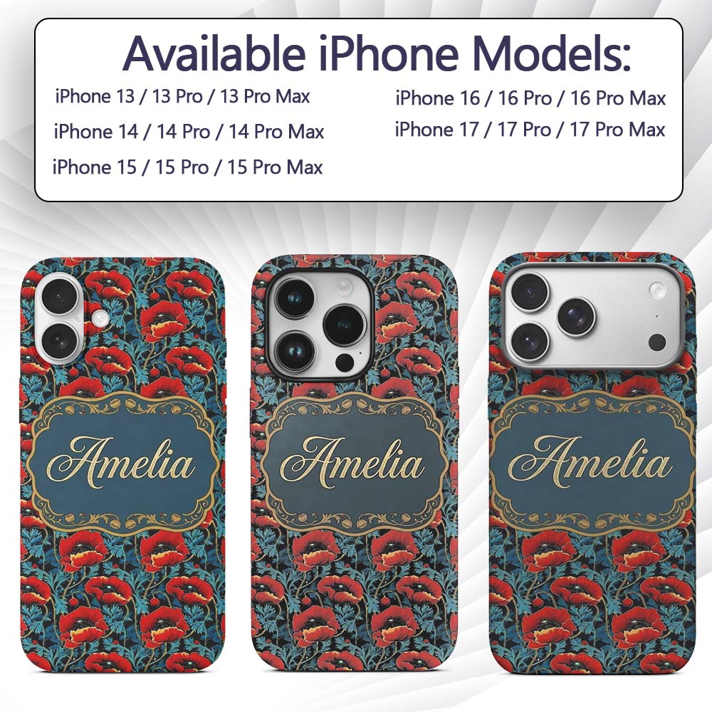 Vintage Red Poppy Floral on Dark Printed Design Custom Name Protective Phone Case Mobile Cover Durable Everyday Smartphone Shock Resistant