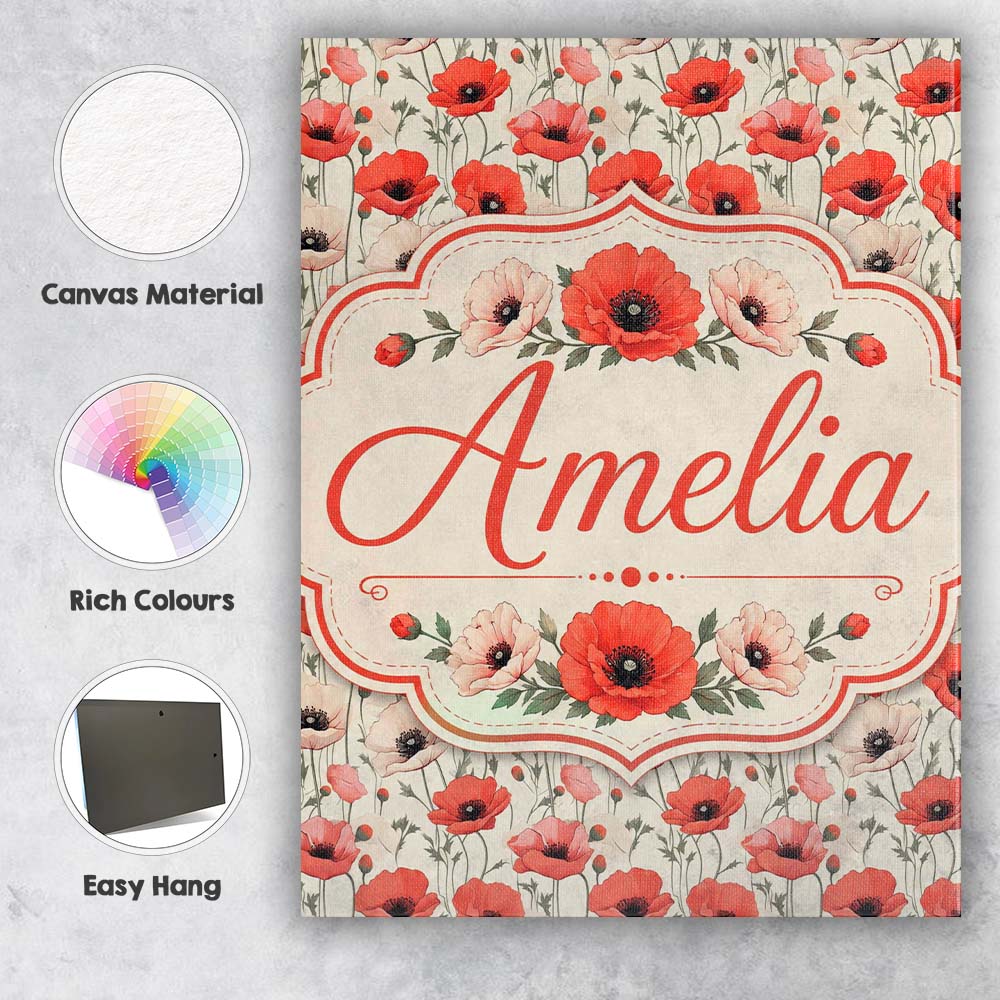 Personalised Name Soft Red and Cream Poppy Custom  Unique Gift Idea Elegant Feature Canvas Wall Art Print Decor Picture Ready to Hang